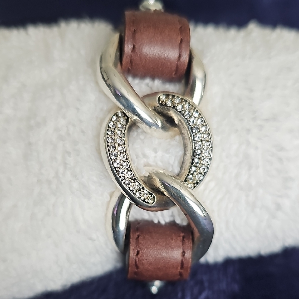 Elegant silver and brown leather bracelet with crystal accent by Brighton